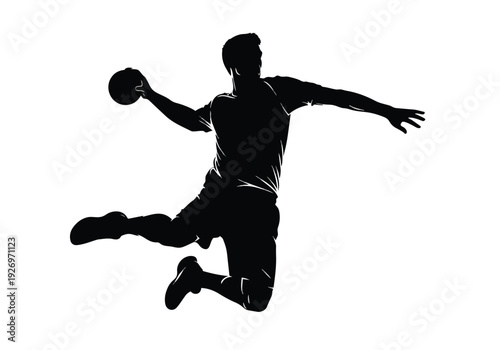 Handball player silhouette vector. Dynamic jump shot action with ball. Sports competition and athleticism concept.