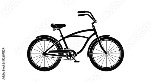 A black silhouette of a classic beach cruiser bicycle with curved handlebars and a single speed drivetrain silhouette high quality professional detailed