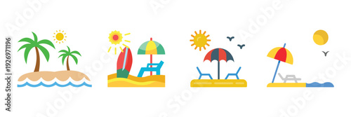 Summer Beach Icon Set with Umbrella, Chair and Palm Tree – Tropical Vacation Flat Vector Illustration Isolated on White Background