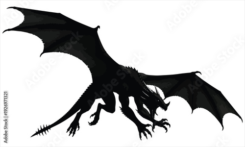 A large black dragon with wings spread wide isolated on white background flying through the air with its claws outstretched and mouth open in a fierce roar