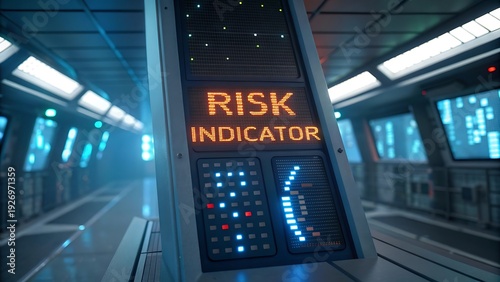 A futuristic risk indicator display glows red within a blurred high tech corridor environment high quality