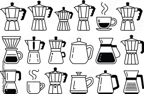 Coffee maker icon set including various coffee brewers and teapots