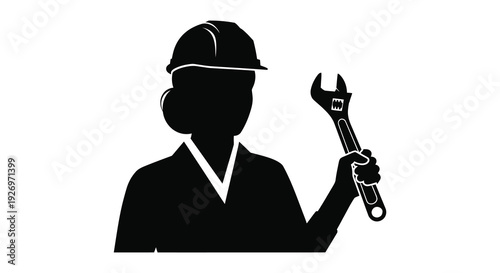 A stark black silhouette depicts a worker holding a wrench wearing protective gear representing skilled trades silhouette high quality professional detailed