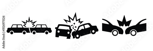 Car Accident Icon Set – Vehicle Crash and Damage Symbols in Outline and Solid Flat Vector Style Isolated on Transparent Background