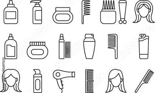 Hair care icons set including shampoo, conditioner and styling tools
