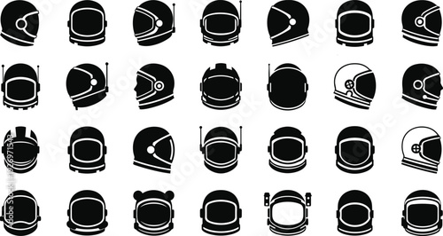 Collection of diverse astronaut helmets in sleek black and white designs
