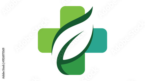 Modern medical cross symbol integrated with green leaf design for healthcare branding