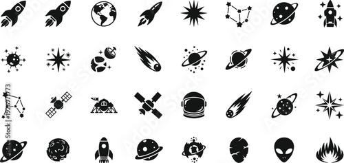 Collection of space icons including planets, rockets, stars, and galaxies