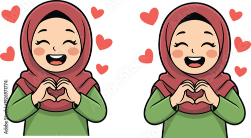 A cartoon illustration of a young woman wearing a burgundy hijab and green long-sleeved top against a white background.