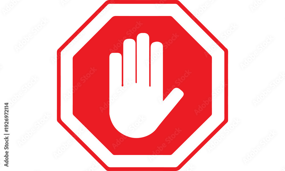 Fototapeta premium Stop sign with white hand gesture in bold red color on plain white background for safety signage