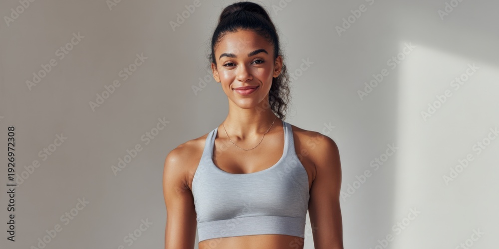 Fototapeta premium Smiling young african female in sportswear with curly hair