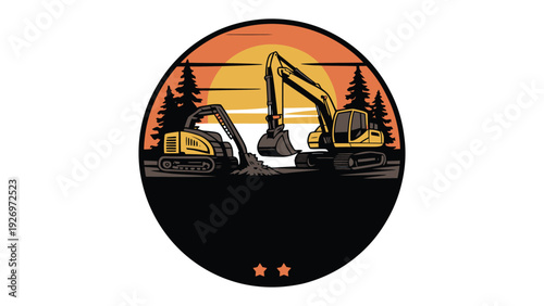Silhouetted excavator working during sunset with a starry night sky backdrop