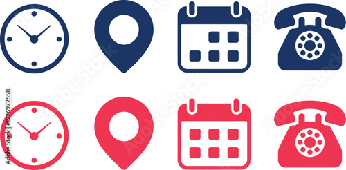 Blue and red for clock map calendar and telephone time