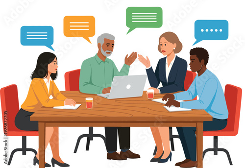 Diverse group of business people collaborating and communicating around a wooden conference table with chat bubbles, symbolizing productive meeting discussion and teamwork.