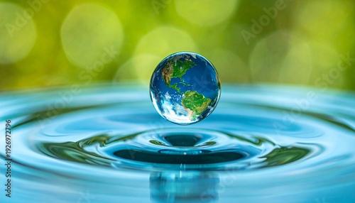 Wallpaper Mural Surreal macro photography: A translucent water drop encasing a vivid Earth globe, suspended over rhythmic concentric ripples. Ethereal teal glow, soft bokeh, high-detail texture, environmental art. Torontodigital.ca
