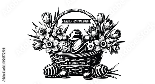 Woven basket overflowing with decorated eggs and blooming daffodils signals an Easter festival.
