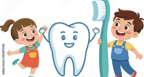 A cartoon illustration of dental hygiene with a large white tooth character in the center wearing a happy blue smiley face expression and raised arms.