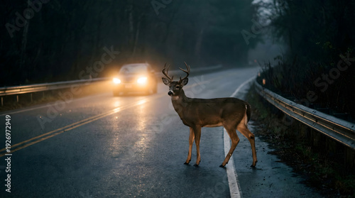 Deer Crossing Highway at Night – Wildlife Safety and Conservation