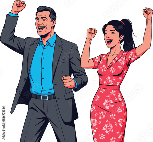 Excited Business Man and Woman Celebrating Joint Success with Raised Fists Vector Illustration Symbolizing Teamwork Achievement and Partnership Victory