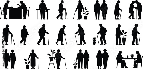 Elderly people silhouettes collection senior men and women walking with cane sitting and standing isolated on white background retirement lifestyle vector illustration set