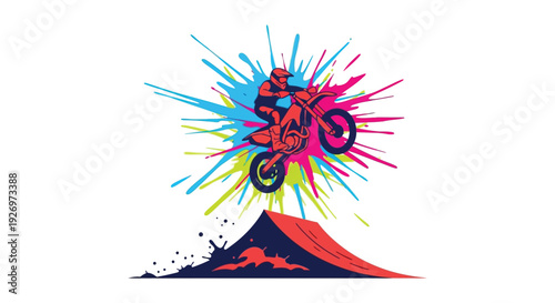 A vibrant splash art depicts a motocross rider performing a jump highlighted by a dark silhouette high quality professional detailed modern
