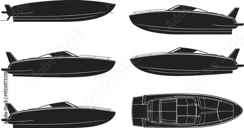 Luxury speedboat and motor yacht silhouettes side and top view isolated on white background modern marine transport vector illustration set