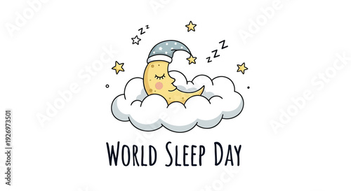 Cartoon Sleeping Moon on Cloud Illustration.