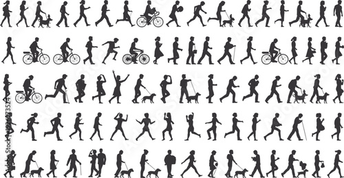 People walking running and cycling silhouettes collection diverse men women children with dogs isolated on white background active lifestyle vector illustration set