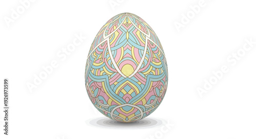 Intricately decorated Easter egg sits centered with soft pastel mandala patterns and subtle shadow.