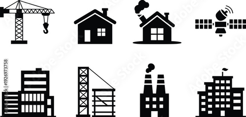 Black and white of construction crane, houses, satellite, skyscrapers, factory, and tower under construction