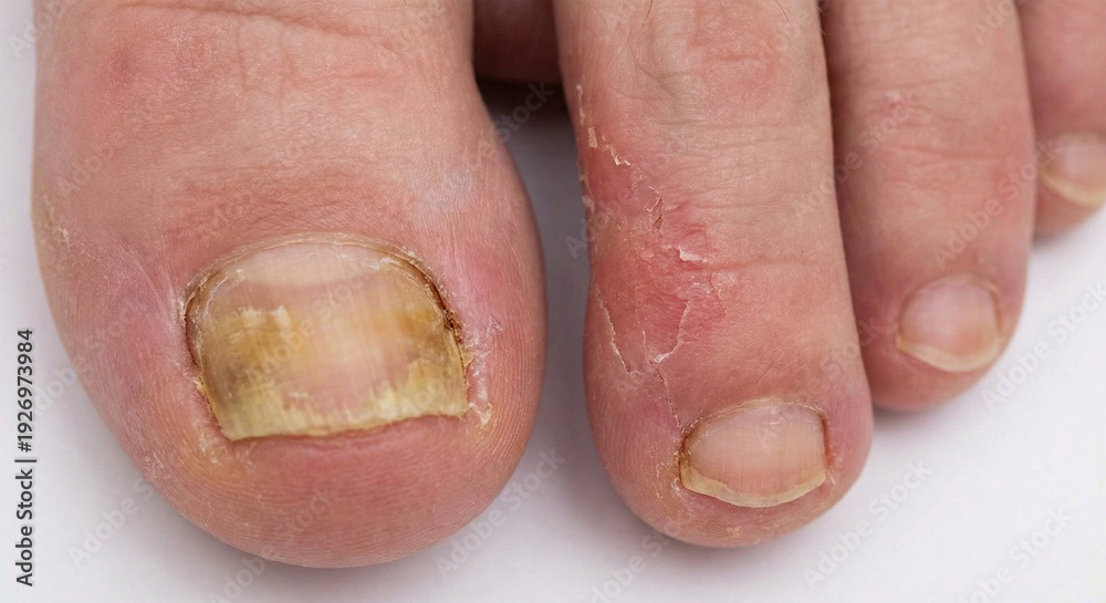 Obraz premium Nail fungus. Toenail fungus on the toenail on white background,treatment