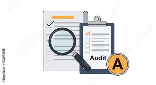 Audit process with magnifying glass, checklist, and letter A symbol for assessment and review.