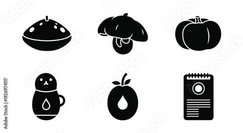 Collection of six black silhouette icons representing food items, plants, and document design.