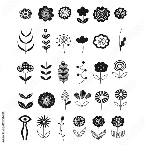 Diverse collection of black and white of stylized flowers and botanical on a white background Keywords: flower botanical floral