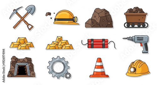 Mining equipment and tools collection, various objects for industry and construction.