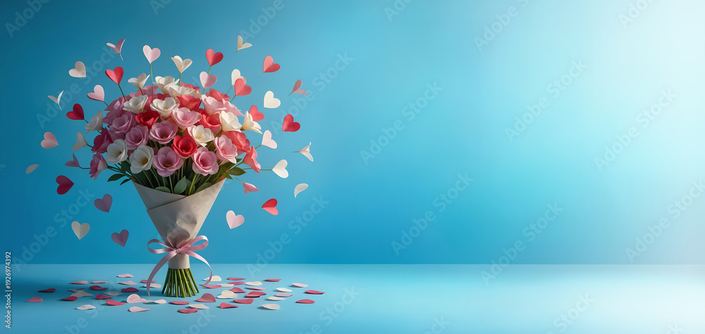 Fototapeta premium Carte message cœurs avec une composition de fleurs pour célébrations, fête des mères, fête des grand-mères, espace vide pour du texte ou produit
