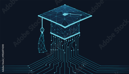 Digital graduation cap with glowing blue network lines and circuit board connections on a dark background Keywords: education