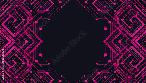 Symmetrical pink circuit board pattern with square and linear forming a frame on a dark background Keywords: abstract
