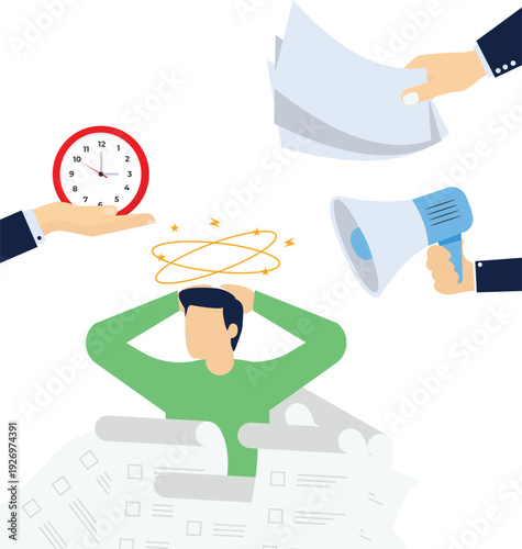 Heavy workload, overloaded with stress. Multi-tasking businessman sitting with his hands on his head in a file

