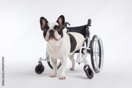 studio photo of a French Bulldog dog, full body visible, dog positioned in a clean modern mobility wheelchair for dogs, white cyclorama background