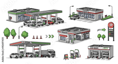 Various illustrations of gas stations and related service facilities in different designs.