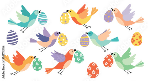 Colorful cartoon birds carry decorated eggs across the white background for spring celebration.