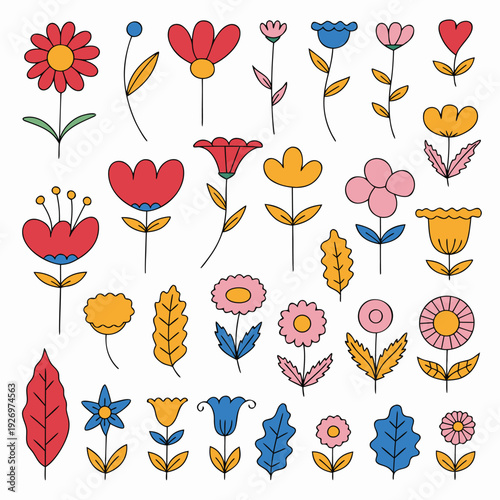 Ensemble of charming hand-drawn flowers and leaves in soft pastel and bright colors on a white background Keywords: flowers