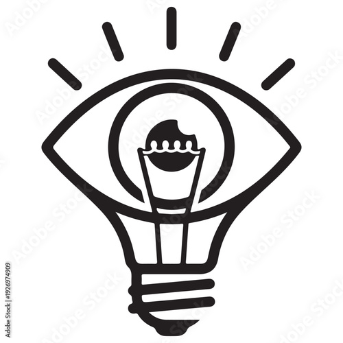 Minimalist black and white vector icon combining a light bulb and a human eye symbolizing creative vision, innovative thinking, and insightful ideas for business and design concepts.