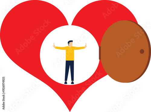 Open hearts, charitable aid, positive emotions or a positive and healthy mind, businessmen pushing open doors in the shape of a heart

