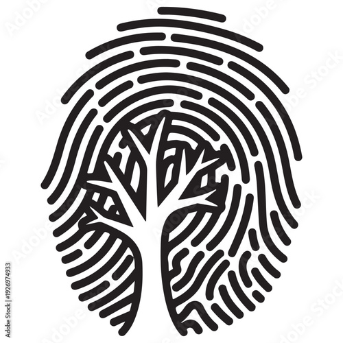 Conceptual tree and fingerprint illustration representing human environmental impact and ecological identity, isolated on white for minimalist sustainability and conservation design.