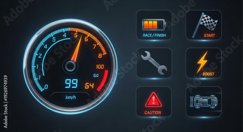 Dashboard gauge displaying speed and warning lights, indicating vehicle status and performance.