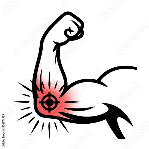 A flexed arm with a glowing red elbow joint, symbolizing strength and injury