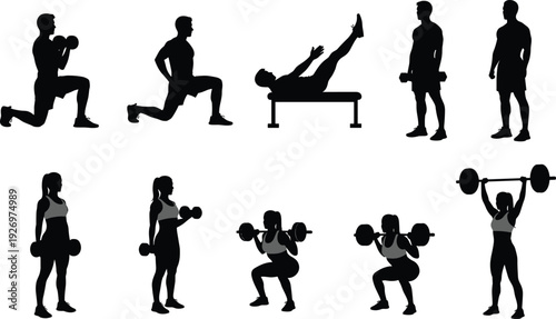 Silhouettes of men and women performing various weightlifting and exercise movements in black and white