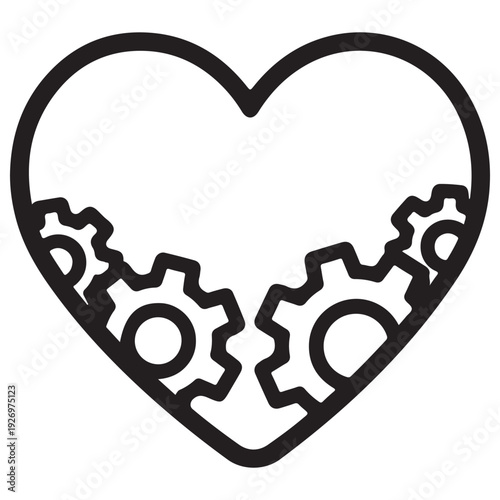 Minimalist heart icon containing mechanical gears representing the internal workings of love, emotional intelligence, and complex relationships in a clean black line art style on white.